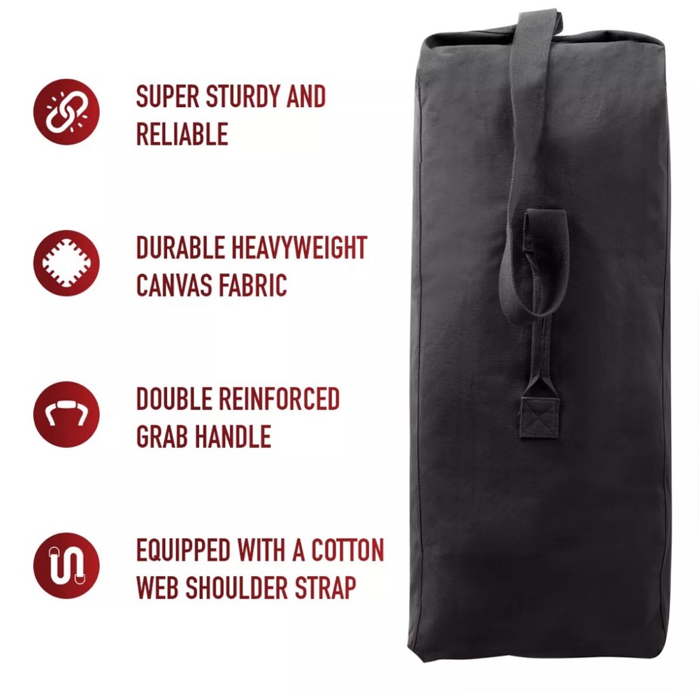 This is a HUGE Duffel bag | solid black | heavy canvas | top load square